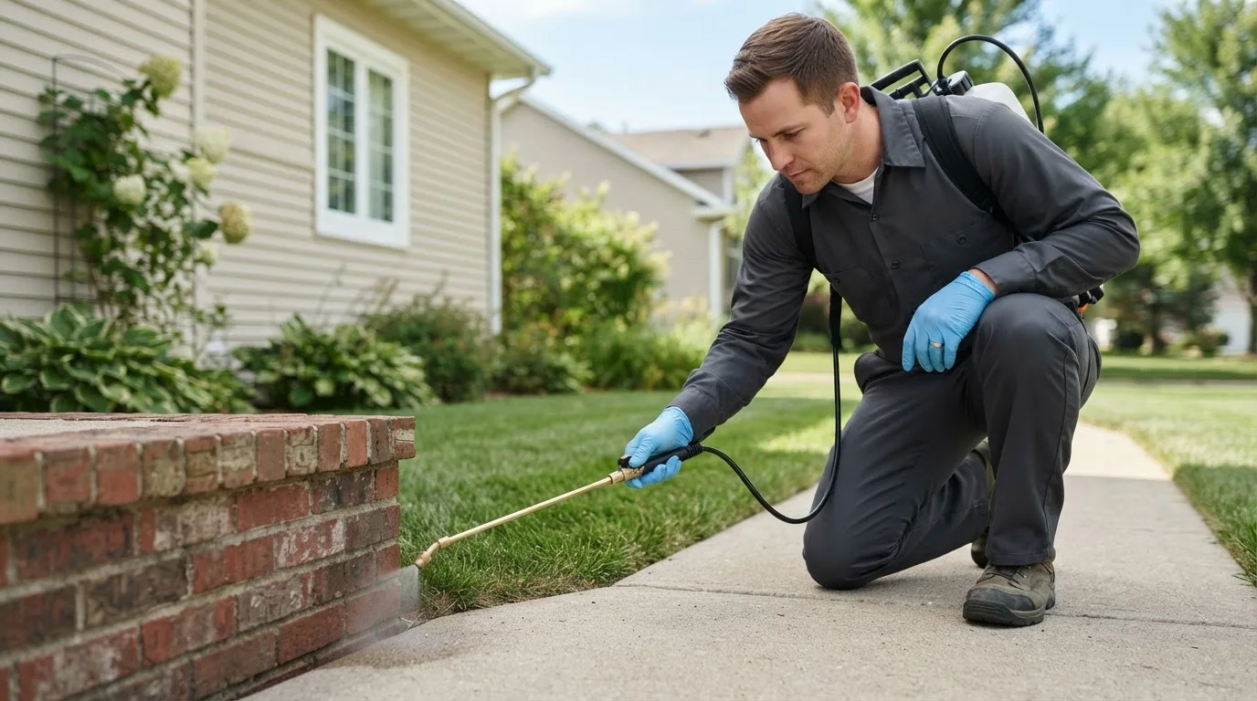 Pest control technician treating a home near West Milton, OH